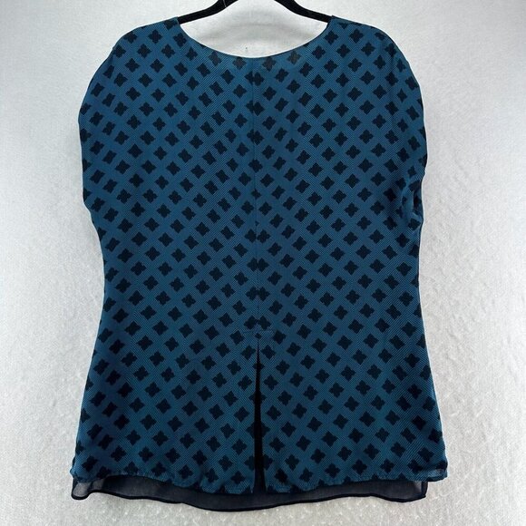 Cabi Blouse Size M Foulard Top Diamond Print Layered Peplum Slit Back Blue - Picture 2 of 10
